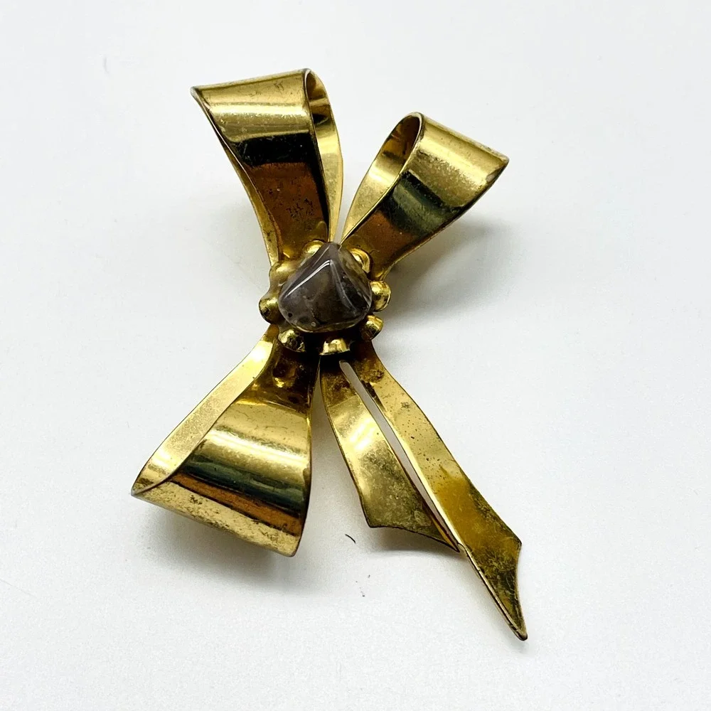 Signed Coro Bow Brooch Gold Tone Brown Bead Ribbon Pin Vintage Statement Costume